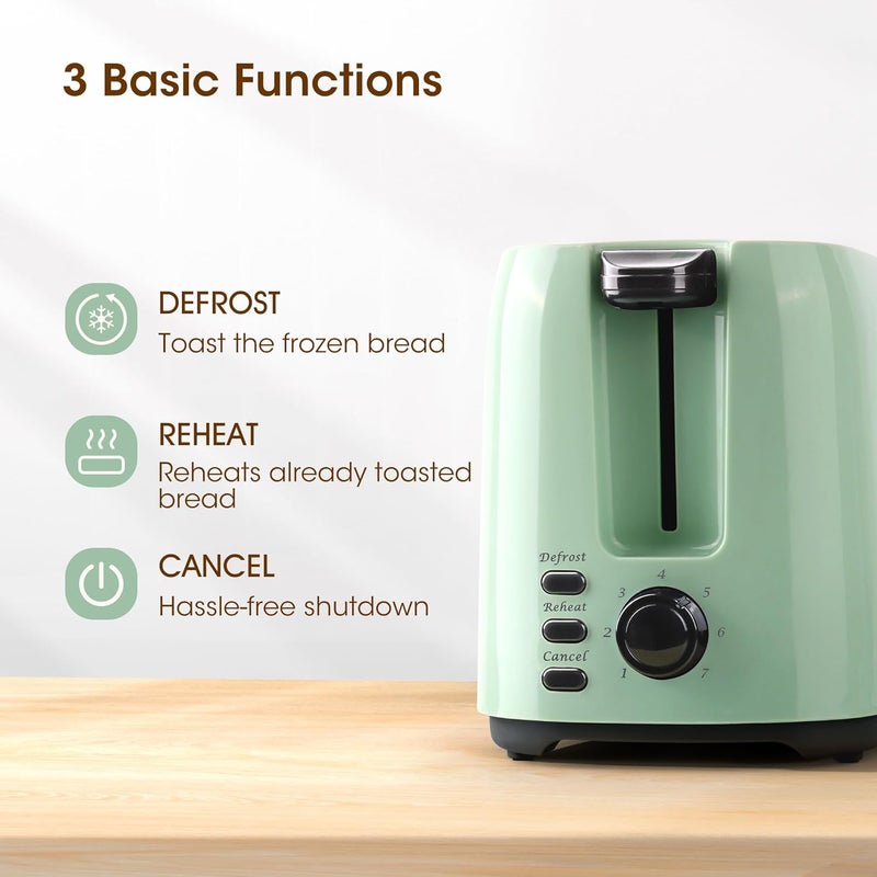 ISILER 2 Slice Toaster, 1.3 Inches Wide Slot Bagel Toaster with 7 Shade Settings and Double Side Baking, Removable Crumb Tray, Defrost Cancel Function Green - Image 4
